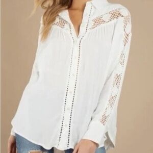 Free People Katie Bird White Button Down Crochet Oversized Blouse Size XS